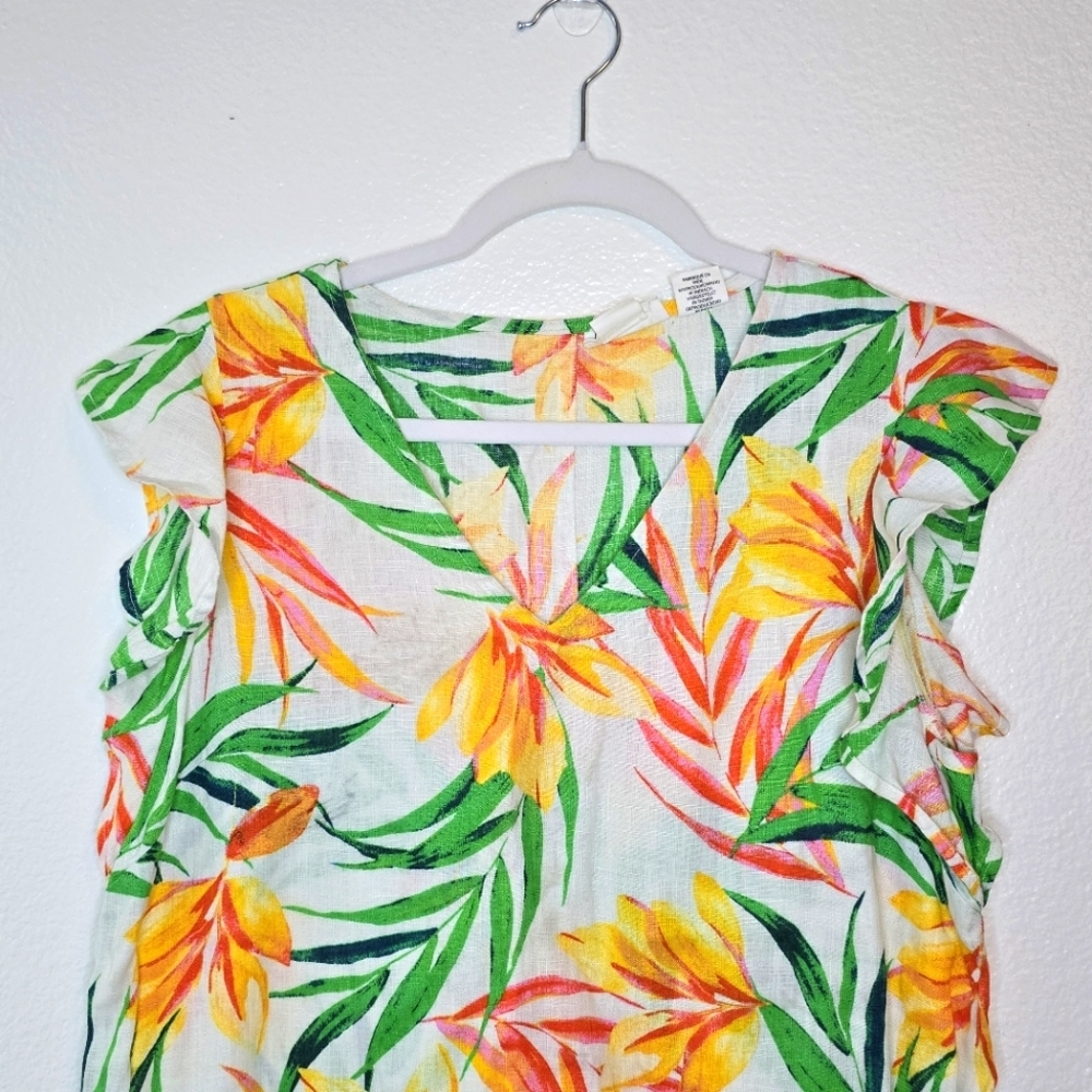 Nicole Miller | Linen Tropical Floral Print V-Neck Shift Mini - Picture 2 of 5